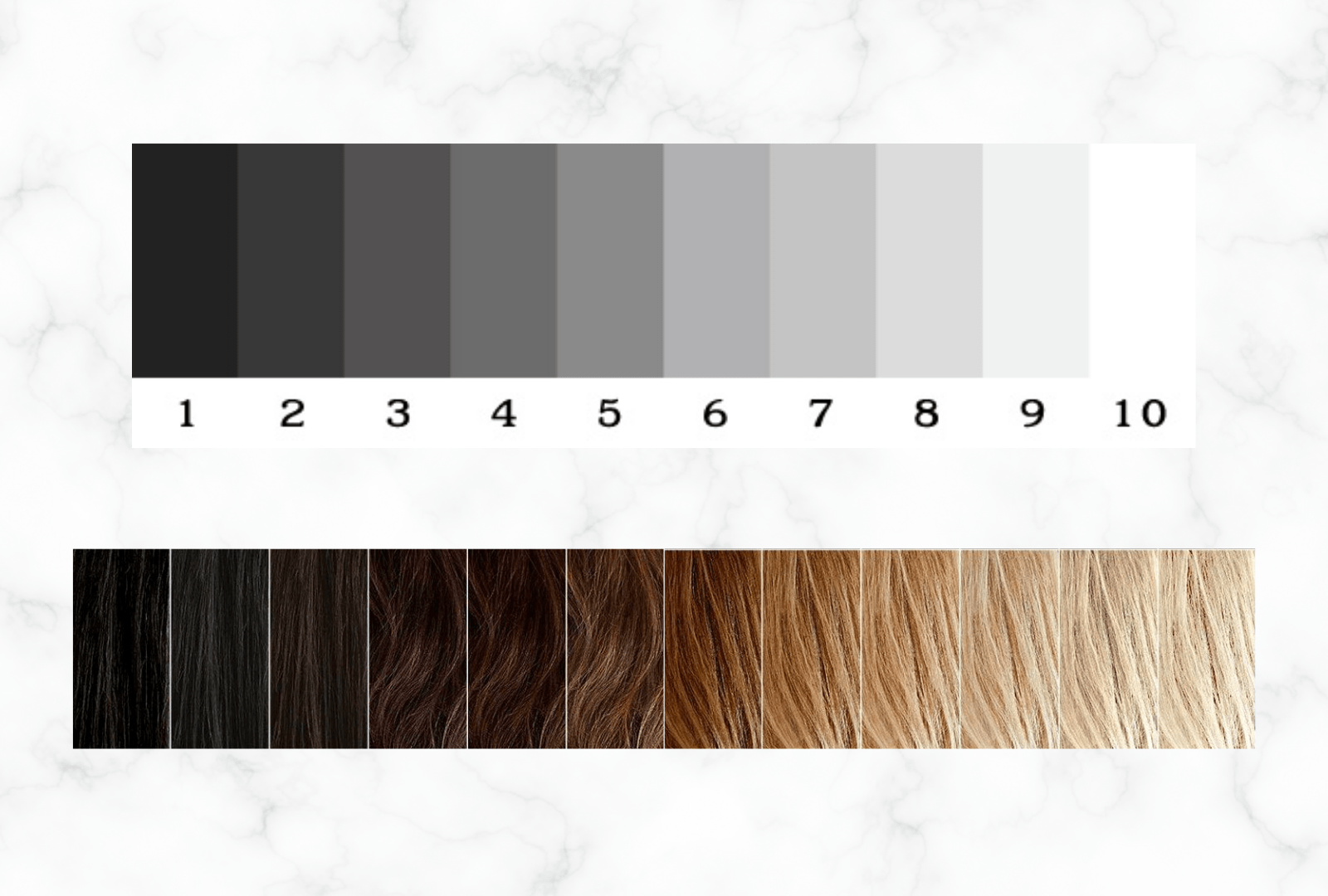 Grey scale compared to hair colour to determine your value 